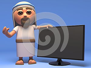 3d Cartoon Jesus Christ holy saviour has a new widescreen television monitor