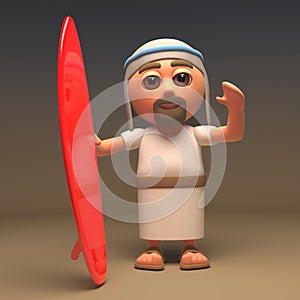 3d cartoon Jesus Christ the holy saviour with red surfboard