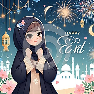 3D cartoon kid girl vector happy Eid alfitr Mubarak ai generator