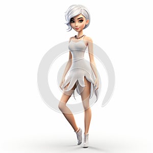 3d Cartoon Lady In White Dress: Anime-inspired Fairy Tale Character Design