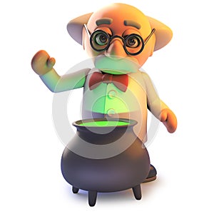 3d cartoon mad scientist character brews a spell in his magic cauldron