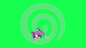 3D cartoon magic talking purple cat dancing and twirling from front angle on green screen 3D people walking background chroma key