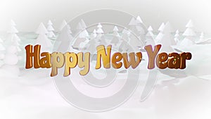 3d cartoon of magical Christmas tale with magnificent shiny inscription Happy New Year in winter forest with snowdrifts