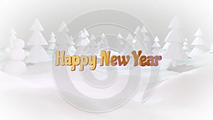 3d cartoon of magical Christmas tale with magnificent shiny inscription Happy New Year in winter forest with snowdrifts