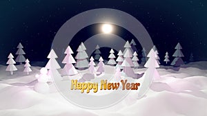 3d cartoon of magical Christmas tale with magnificent shiny inscription Happy New Year in winter night forest with