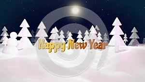 3d cartoon of magical Christmas tale with magnificent shiny inscription Happy New Year in winter night forest with