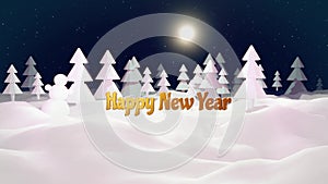 3d cartoon of magical Christmas tale with magnificent shiny inscription Happy New Year in winter night forest with