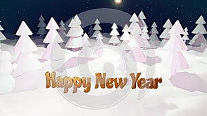 3d cartoon of magical Christmas tale with magnificent shiny inscription Happy New Year in winter night forest with