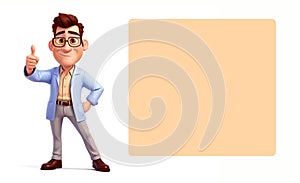3d cartoon male character standing next to a blank board with copy space