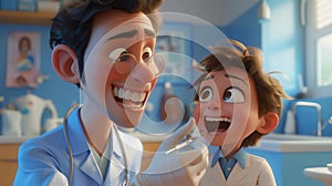 3d cartoon of a male dentist examine the boy\'s teeth