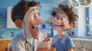 3d cartoon of a male dentist examine the boy\'s teeth