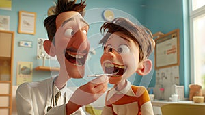 3d cartoon of a male dentist examine the boy\'s teeth
