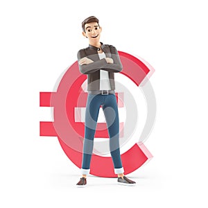 3d cartoon man arms crossed in front of euro sign