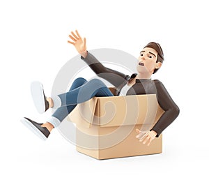3d cartoon man falling into cardboard box