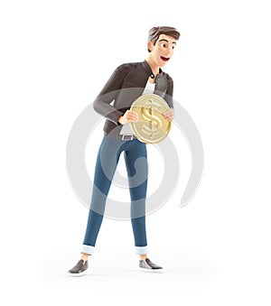 3d cartoon man holding gold coin