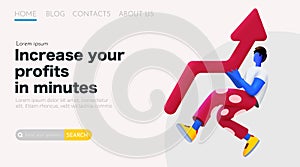 3d cartoon man holding growing arrow. Income or profit increase concept. Landing page template.