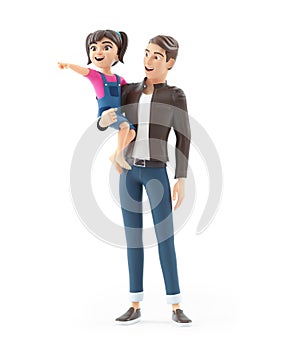 3d cartoon man holding his daughter who pointing finger