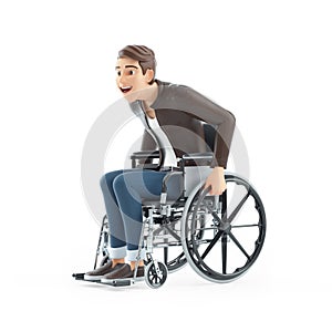 3d cartoon man rolling in his wheelchair