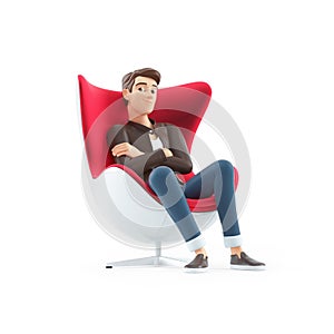 3d cartoon man sitting comfortably with arms crossed