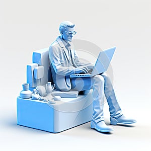 3d cartoon of a man sitting at a desk using a laptop
