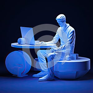 3d cartoon of a man sitting at a desk using a laptop