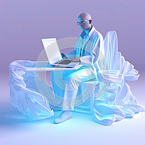 3d cartoon of a man sitting at a desk using a laptop