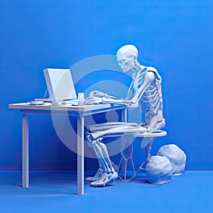 3d cartoon of a man sitting at a desk using a laptop