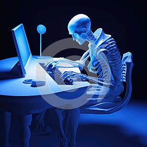 3d cartoon of a man sitting at a desk using a laptop