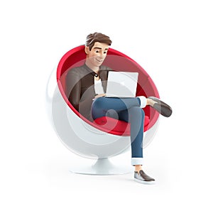 3d cartoon man sitting in spherical chair with laptop