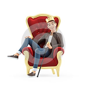 3d cartoon man sitting in throne