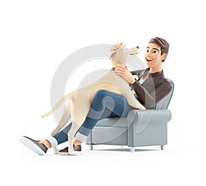 3d cartoon man stroking his dog while sitting in armchair