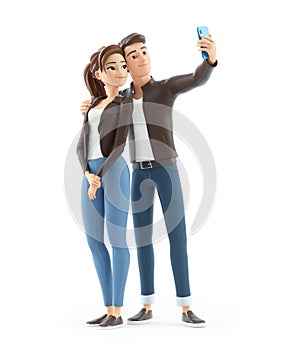 3d cartoon man and woman taking selfie on mobile phone