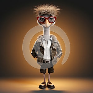 3D cartoon ostrich portrait wearing clothes, standing in front, studio lights