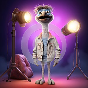 3D cartoon ostrich portrait wearing clothes, standing in front, studio lights