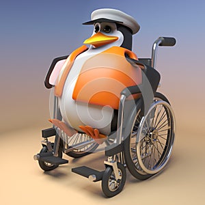 3d cartoon penguin sailor captain gets around in his wheelchair, 3d illustration