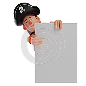 3D cartoon pirate illustration standing behind the blackboard