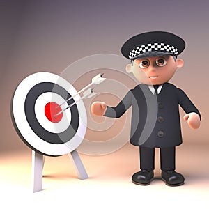 3d cartoon policeman character in police uniform points at a target with arrows in bullseye, 3d illustration