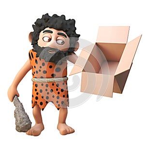 3d cartoon prehistoric caveman character holding an empty cardboard box and club, 3d illustration