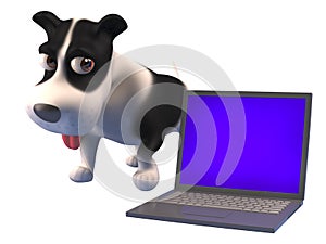 3d cartoon puppy dog character standing next to a laptop computer device, 3d illustration