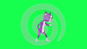 3D cartoon purple magical talking cat fighting and punching from left angle on green screen 3D people walking background chroma ke