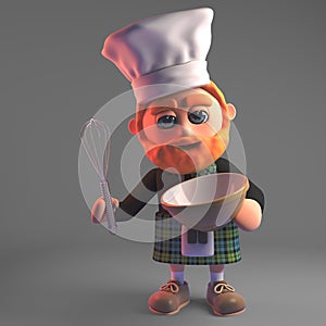 3d cartoon red bearded Scottish man in kilt mixing a cake with a whisk, 3d illustration