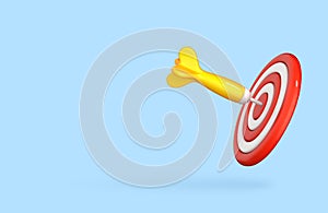 3D cartoon red target and arrow. Marketing time concept. Dart arrow hit the center of target. Business finance target, goal of