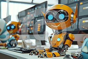 3d cartoon robots working in computer