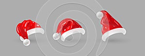 3D Cartoon Santa Claus Red Hats. Set. Vector Realistic Illustration