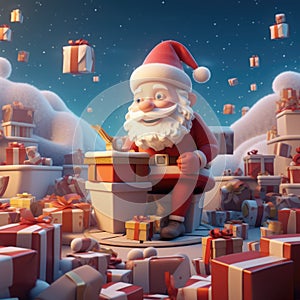 3D Cartoon Santa Claus Surrounded by Gift Boxes and Magic Lights