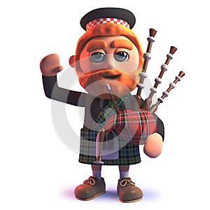 3d cartoon Scots wearing a kilt and playing the bagpipes while waving