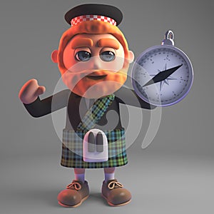 3d cartoon Scottish man in kilt holding a magnetic compass, 3d illustration