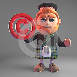 3d cartoon Scottish man in kilt holding a red copyright symbol 3d illustration