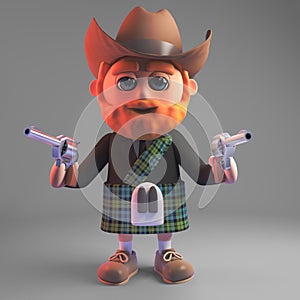 3d cartoon Scottish man in kilt wearing a cowboy hat and pointing two pistols, 3d illustration
