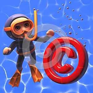 3d cartoon scuba diver in goggles with snorkel floating near copyright symbol